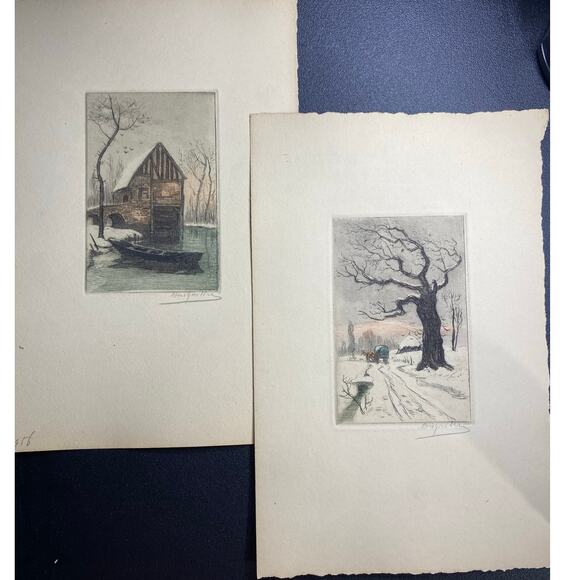 Broyelle Signed Hand-Colored Etchings Pair Rustic Winter French Folk Art Vibe - Picture 5 of 6